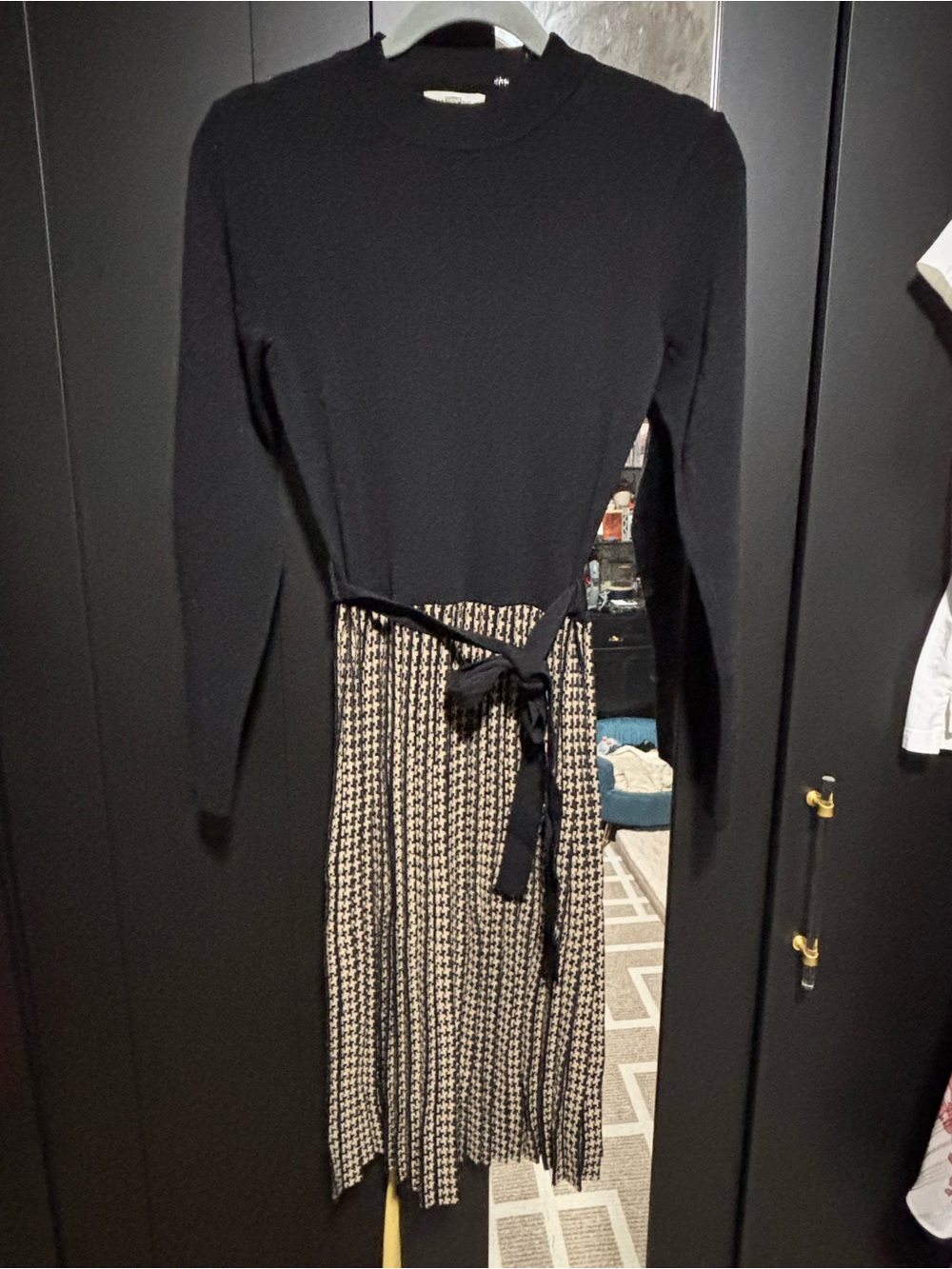 Max Studio Black Knit Top with Black-and-Cream Houndstooth Pleated Skirt Dress